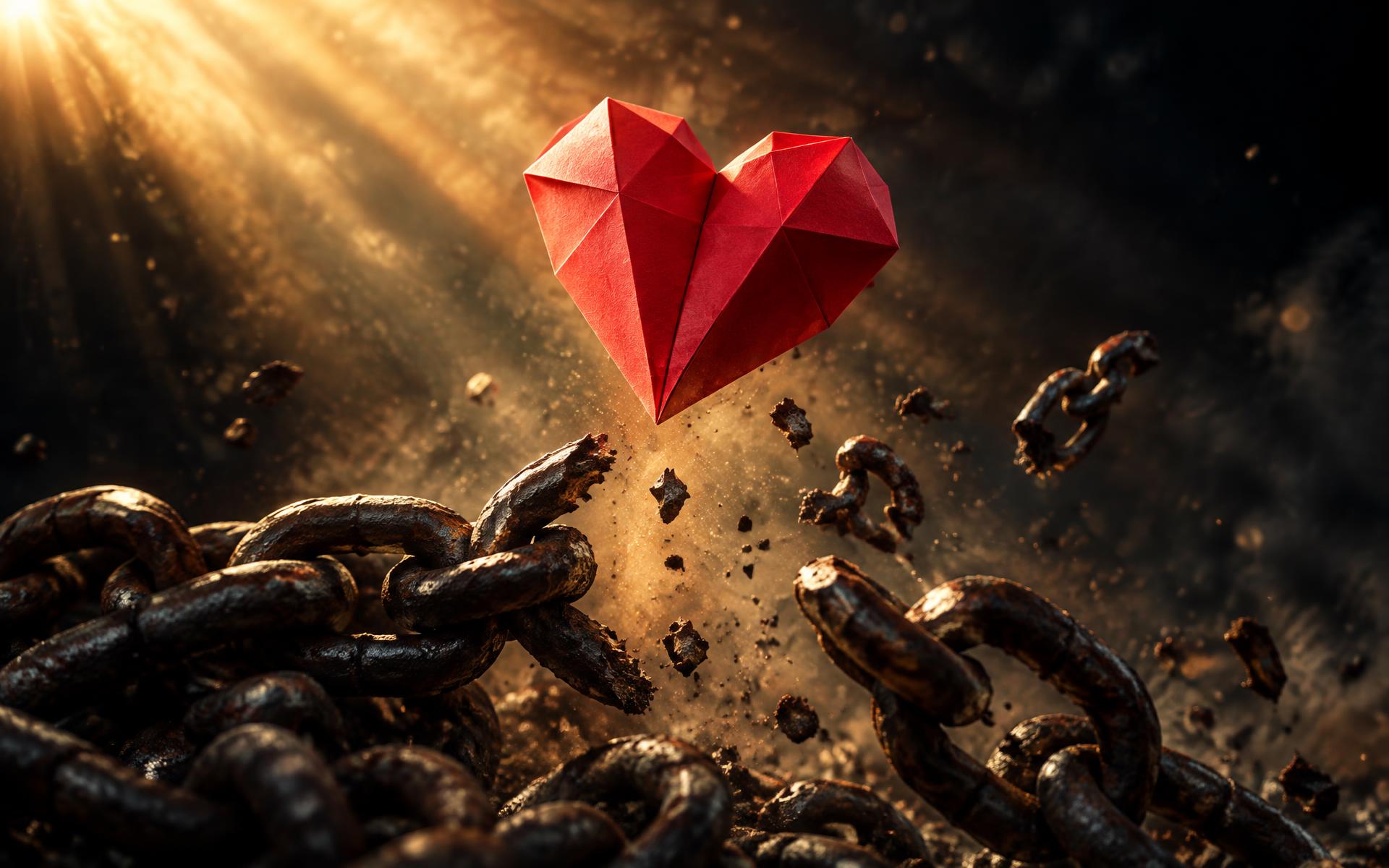 A red origami heart rising upward as rusted iron chains shatter beneath it, a symbol of freedom and resilience